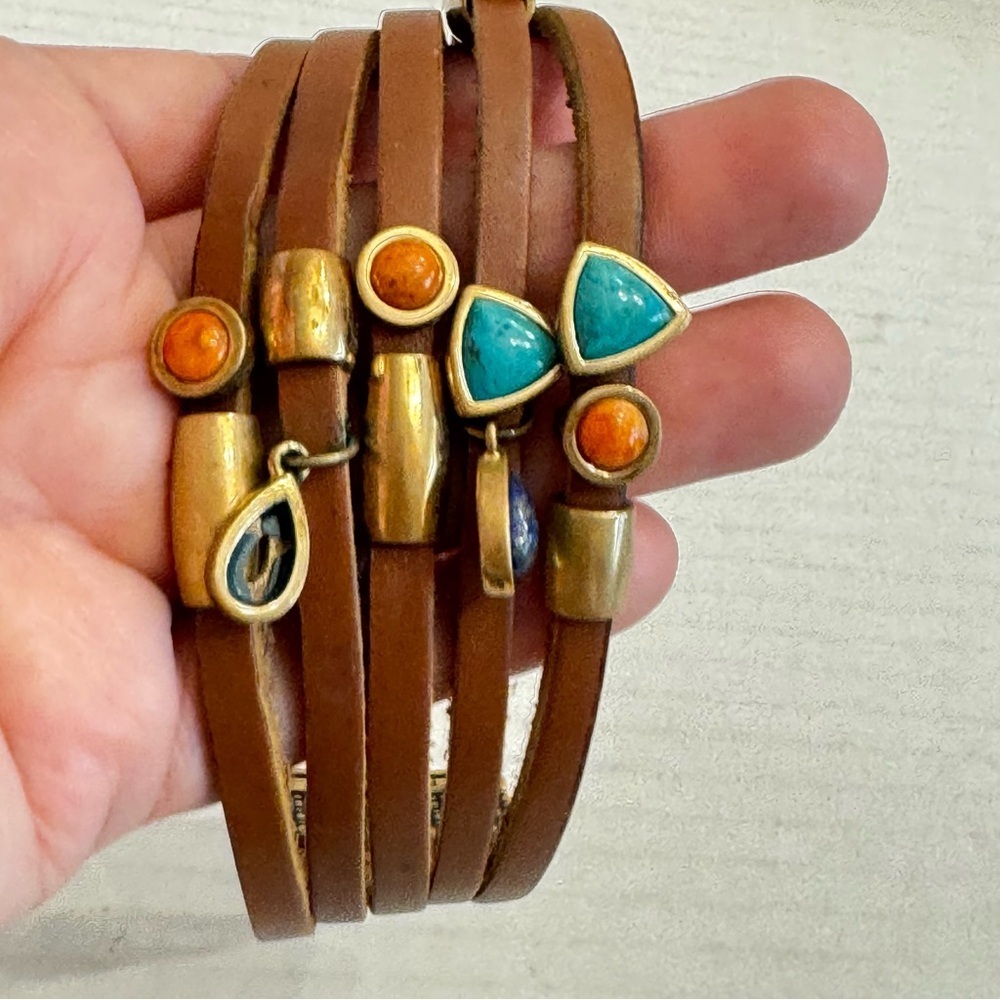Barse Thai Brown Leather Cuff Bracelet Gemstone Turquoise, Carnelian, Lapis Boho